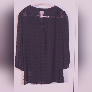 Chico's Black Chiffon Pom Pom Polka Dot Pullover Sheer Blouse Size Medium Glam